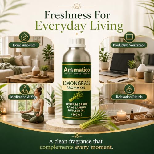 Image of AROMATICO Lemongrass Diffuser Oil for Strong, Long-Lasting Aroma | Light, Citrusy, Stress Relieving Aroma Oil for Home Fragrance & Aromatherapy | For Diffusers & Air Fresheners - 500ML