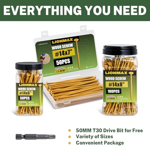 Image of LIONMAX Deck Screws #14 x 6 Inch, 20 PCS, Long Wood Screw, Rust Resistant, Exterior Epoxy Coated for Outdoor Decking /Timber, Torx /Star Drive Head, T30 Star Bit Included