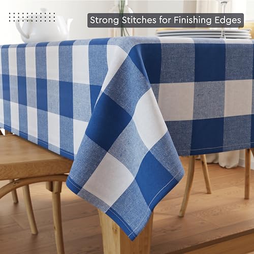 Image of Encasa XO Cotton Rectangular Table Cloth for 4 to 6 Seater | (140x180 cm) | Buffalo Blue Checks | Dining Tablecloth for Decoration