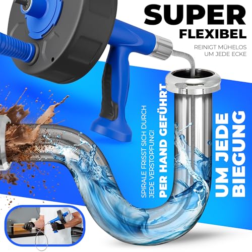 CLEVERWERK Rohrreinigungsspirale 7,5m [Spannfutter] Metermarkierungen Abflussreiniger Spirale Abfluss Rohrreinigung Abflussspirale für Waschbecken, Bad, Küche