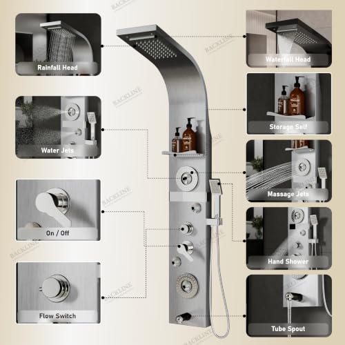 Image of Backline shower panel | 7 In 1 Shower System 304 Grade Stainless Steel | Shower With Storage Shelf, LED Rainfall Shower,Hot & Cold Adjustable,Massage Spray,Hand Shower & Water Spout