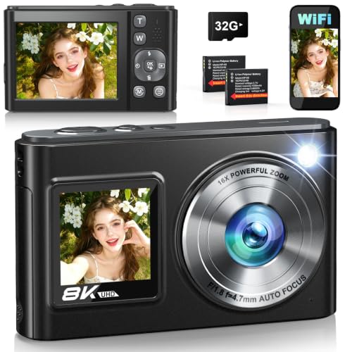 Cámara digital WiFi de 8K 96MP 2026, vlogging para YouTube con pantalla dual, enfoque automático antivibración, zoom 8X, cámara de viaje compacta con tarjeta de 32 GB y 2 baterías de 1050 mAh
