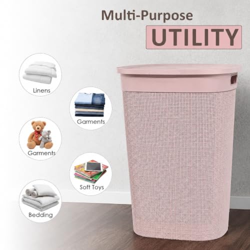 Image of KITCHIVO Plastic Large 55 Ltr Laundry Basket with Lid & Handle | Multipurpose Hamper Bins Storing Washable Clothes, Blankets | Household Ideal for Home & Bathroom (Woods Blush Pink)