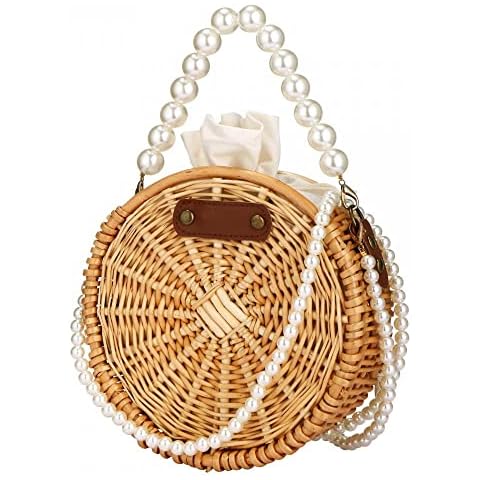 Shilanmei Handwoven Round Rattan Bag, Summer Beach Pearl Wicker Crossbody Bag Bohemian Shoulder Purse for Women Cover