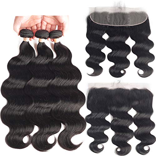 Beaudiva Hair Body Wave Bundles with Frontal 13×4 Lace Frontal Unprocessed 7A Brazilian Body Wave Human Hair Double Weft with Lace Frontal(12 14 16+12inch)