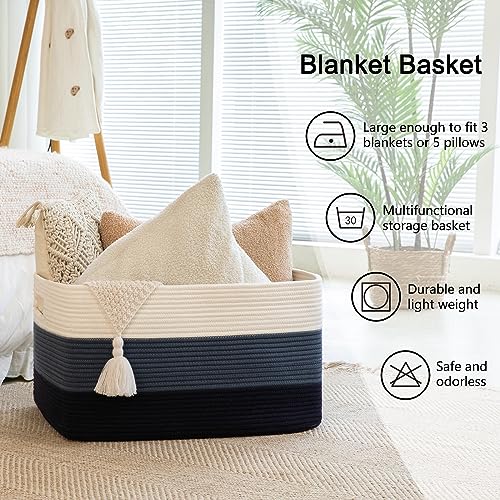 Image of OIAHOMY 108L Large Cotton Rope Basket, Rectangle Woven Baskets for Storage, Nursery Blanket Storage Living Room, Toy Basket With Handle-25 inchx16 inchx16 inch-Gradient Blue