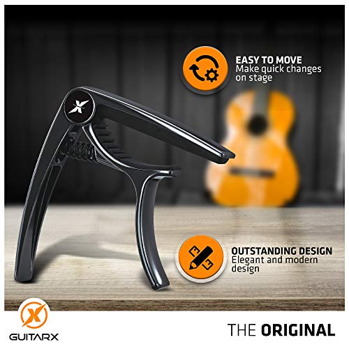 Guitarx X Capo For Acoustic Guitar, Electric Guitar Capo - Also For Bass, Ukulele, Banjo And Mandolin - #1 Brand Among Guitar Capos - Zinc Alloy, Glossy Metal Black #TOP3