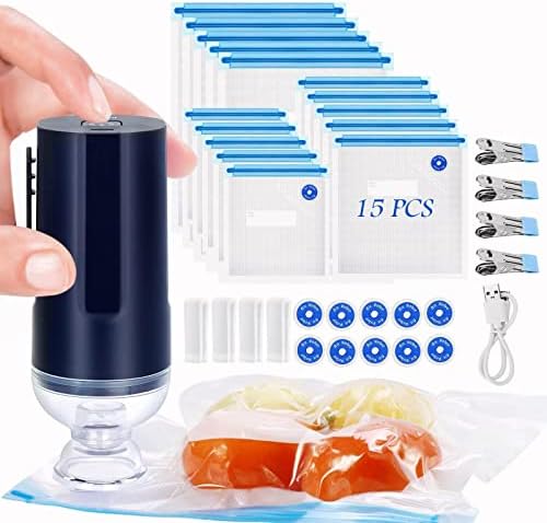 Vacuum Sealer Bags, 35PCS Food Saver Vacuum Sealer Machine Set for Sous Vide Cooking, Handheld Mini Vacuum Sealer with 15 PCS Reusable Sous Vide Bags, 4 Cooking Clips, 4 Sealing Clips & 10 Air Valves
