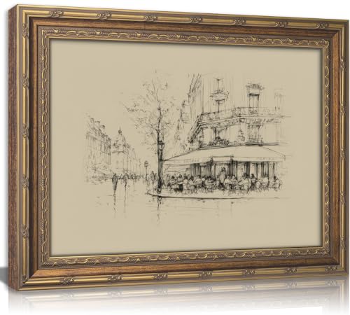 Vintage Gold Framed Black and White Sketch Wall Art French Cafe Sketch Canvas Prints Retro Paris City Landscape Poster Artwork French Bistro Wall Decor for Dining Room Kitchen Urban Decor 9x11in