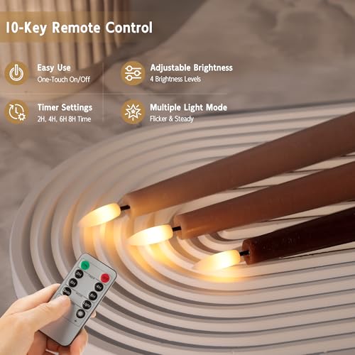 Image of Brown Flameless Taper Candles with Remote, 9.6 Inches Real Wax Battery Operated Candles, 3 Pack Flickering LED Candlesticks, Tall Taper Fake Candles for Home, Wedding, Party
