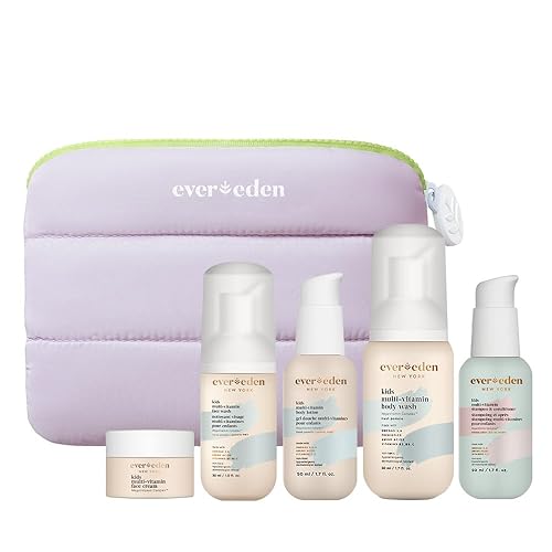 Evereden Kids Travel Essentials Set: Clean & Vegan 5-Piece Skin Care Travel Set for Kids | Body Wash, Lotion, Face Wash, Cream, 2-in-1 Shampoo & Conditioner | TSA-approved | Stocking Stuffers for Kids - Face, Body & Hair