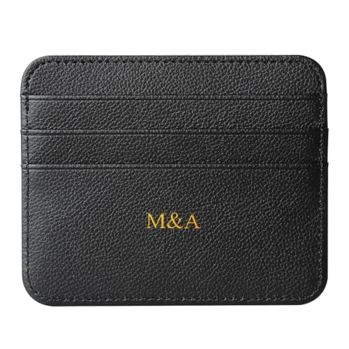 Personalized Slim Card Holder, Customized Minimalist Thin PU Leather Front Pocket Wallet for Women, Add Your Name Initials Monogram Letters, Small Thin Wallet, Gift Idea for Christmas Birthday, Black
