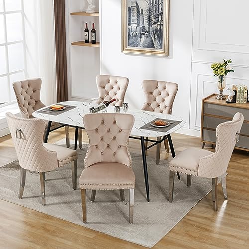 Kecduey Juego De 6 Sillas De Comedor Con Aldaba Único En La Parte Posterior, Silla Tapizada Con Cabezal De Clavo, Patas De Apoyo De Metal, Funda De Terciopelo Juego De 6 Unidades , Color Beige Kecduey Juego De 6 Sillas De Comedor Con Aldaba Único En La Parte Posterior, Silla Tapizada Con Cabezal De Clavo, Patas De Apoyo De Metal, Funda De Terciopelo Juego De 6 Unidades , Color Beige