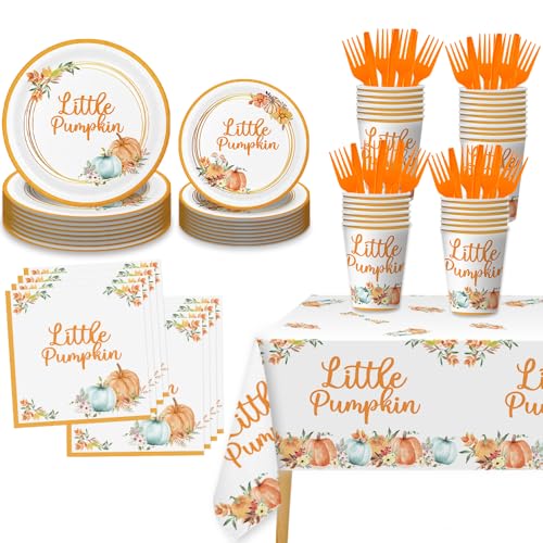 151 Pcs Little Pumpkin Baby Shower Party Decorations Set Serves 25, Pumpkin Plates and Cups, A...