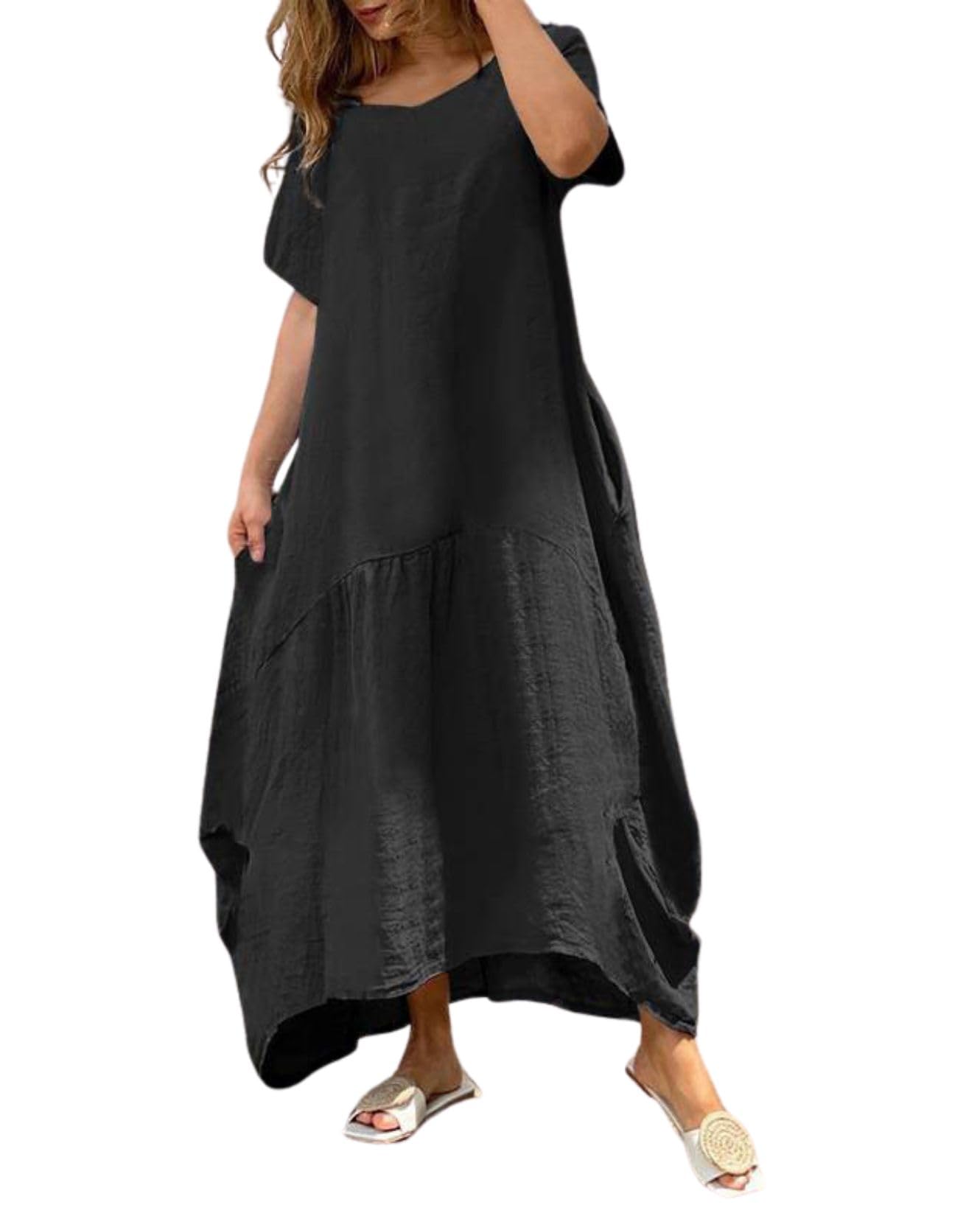 BIVENANT Womens Oversized Baggy Flowy Summer Beach Cotton Linen Maxi Dresses V Neck Casual Loose Floor Length Long Dress