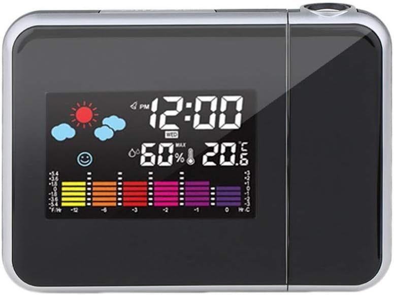 Xiaochen Bedroom Bedside Alarm Clock Colorful LED Display Backlight Silent No Ticking Clock Weather Station House Clocks Black Digital Projection Snooze Alarm Clock (Color : Black)