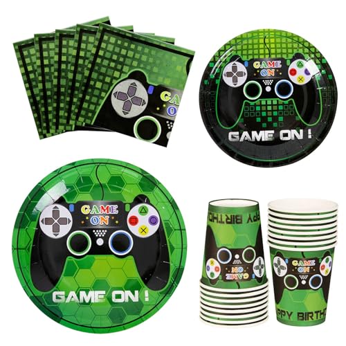WERNNSAI Video Game Birthday Decorations - 64 PCS Game Plates Napkins and Cups Gaming Birthday Plates for Boys Gamer On Level Up Party Supplies for Gaming Theme Baby Shower Birth Anniversary Parties