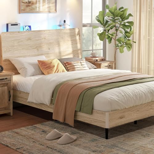LINSY Wood Bed Frame, Full Bed Frame with Headboard LED,