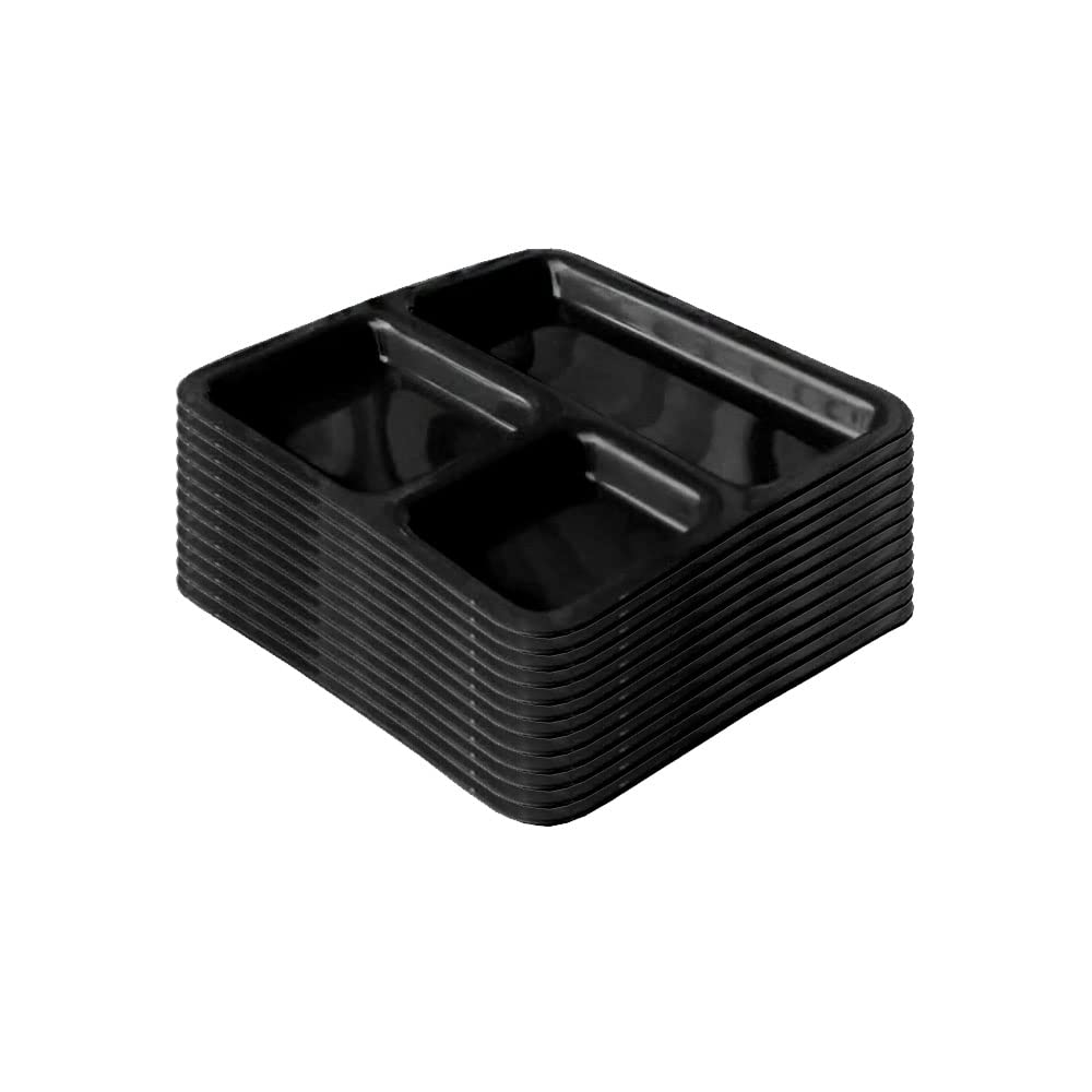 DECORNT3-Compartments Divided-Dinner Plate, Pav Bhaji Plate; Size 10 Inches X Breadth 10 Inches; Black Color. Set of 12