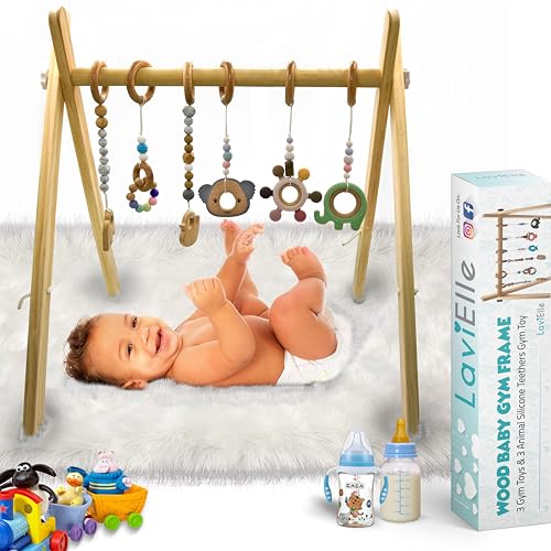 Image of LAVIELLE Wooden Baby Gym with 6 Premium Teethers | Foldable Play Gym for Motor Skills Development | Baby Activity Gym Center for Nursery, Montessori | Gift