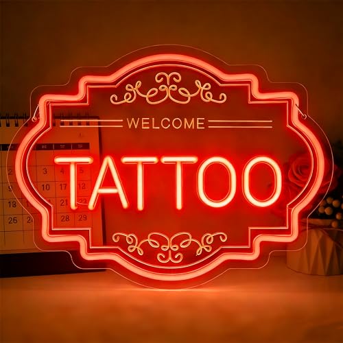 Image of Tattoo LED Neon Sign, 14 x 11 In Dimmable Light Up Wall Decor | USB Powered Light up Signs Decor for Bussiness Shop Studio & Salon, Gift for Artists