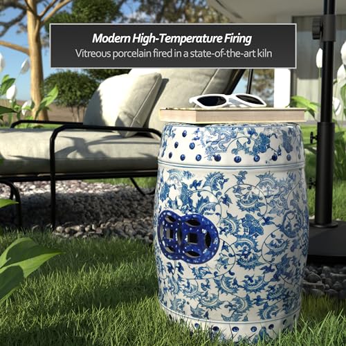 Red Lantern 18" Floral Blue & White Porcelain Garden Stool