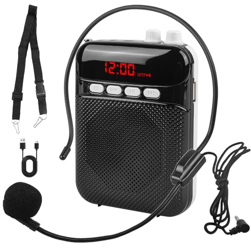 Amplificador de voz portátil de 2400 mAh, mini amplificador de voz recargable, reproductor de MP3/TF/USB, función de grabación de radio FM con micrófono, auriculares y cintura para profesores, visitas