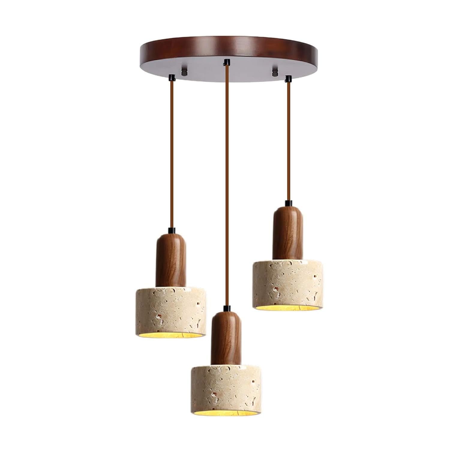 USMJQVZ 3-Light Wabi-Sabi Cluster Chandelier Pendant Lamp Natural Black Cave Travertine Stone & Wood Hanging Pendant Lighting for Dining Room