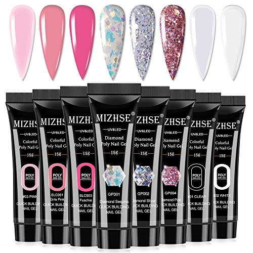 Glitter Poly Nail Gel Extensions Builder Gel UV/LED Soak Off Acrylic Fashion Gel Polish Set for Nails Beginner DIY Nail Art at Home 8 colors-15g (Pink series)