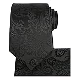 KissTies Mens Black Tie Set: Paisley Necktie + Pocket Square