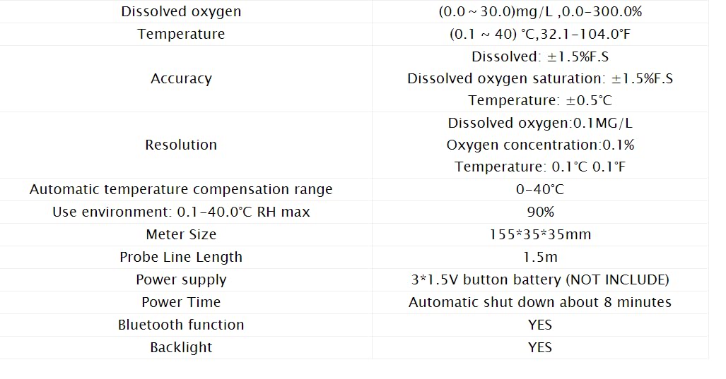 BLE-9100 Dissolved Oxygen Meter technical specifications table