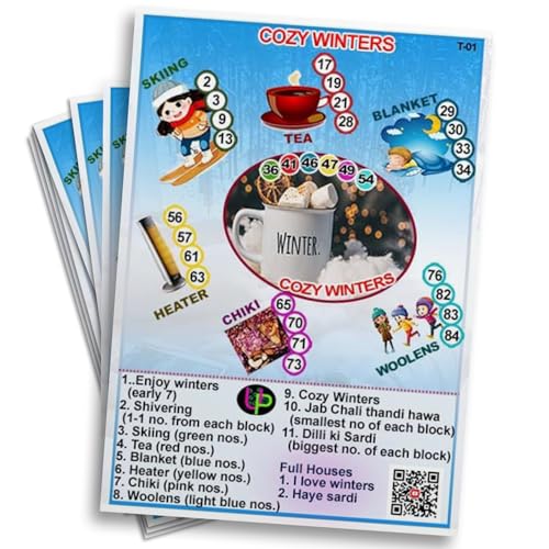 Image of Winter Theme Tambola Tickets | Cozy Winter Housie Tambola Themed Bingo Game| Kitty Party Theme Housie Tickets | English | for Family & Friends (Set of 15 Tickets)