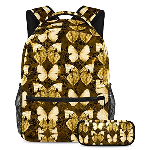 Sac à dos papillon jaune et trousse assortie pour l'école et les voyages des élèves