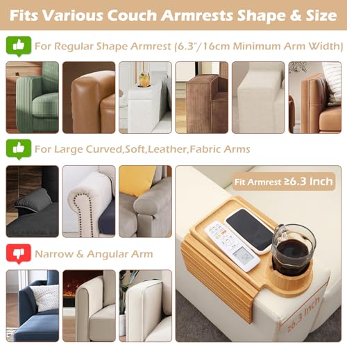 image for GHKINMAL Couch Cup Holder Tray, 3 in 1 Couch Arm Trays,Large Bamboo Ch