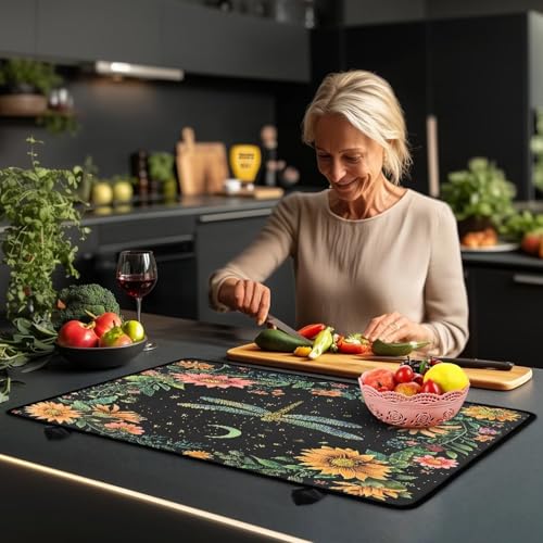Image of Poceacles Glass Top Stove Cover for Electric Stove, Foldable Cooktop Protector Multipurpose Mat Washer Dryer Top Protector Kitchen Decor Accessories, Dragonfly Moon Flower