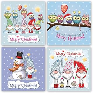 Charity Christmas Cards. Pack of 24. Each Christmas Card multipack has 4 different "Gnomes & Owls" designs. Ecofriendly and UK made. Blank Inside. 115 x 115mm card size. By Absolutely Yours.