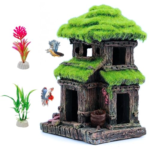Image of Hamiledyi Fish Hideout House for Aquarium Decorations, Betta Cave with Lifelike Moss, Come with 2 PCS Artificial Plants, Fish Tank Decoration for Shrimp Fish Shelter