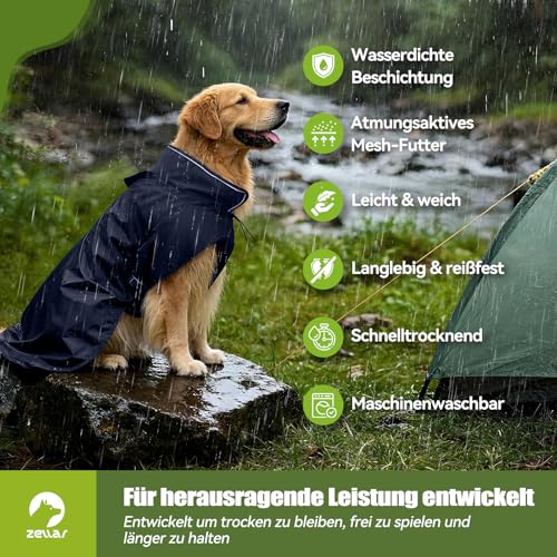 Zellar Hunderegenmantel, Wasserdicht & Verstellbar - Leichte Regenjacke mit Reflektierendem Streifen & Kragenloch für Mittelgroße, Große Hunde, Schnell-Anlege-System, Atmungsaktiv (L, Blau)
