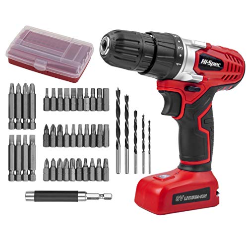 Hi-Spec 45-Delige 8V Draadloze Accuschroevendraaier met een Set Schroefbits en Boren. 1300mAh Li-on Batterij & LED lamp. Om te Schroeven & voor Kleine Hout of Kunststof Boor Klussen.