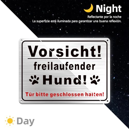 TAKULA Vorsicht Hund Schild 25 * 18cm, 'Freilaufender Hund' + Tür-Warnung, Hunde Warnschilder, Doppelmontage (Bohrung+Klebeband) | 1 Stück