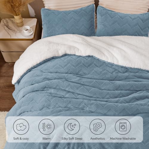 Image of BEDELITE Fluffy Sherpa Queen Comforter Set,Blue Fog
