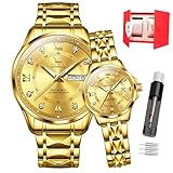 OLEVS Valentines Couple Pair Quartz Watches 3ATM Waterproof, Luminous Calendar Date Window，Casual His and Hers Wristwatch for Men Women Lovers Wedding Romantic Gifts Set of 2 (2906 Gold dial 1 Pair)