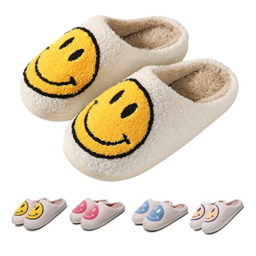 Image of FACAXEDRE Soft House Slippers for Women,Smile Face Slippers,Womens Plush Comfy Girl Smile Slippers,Yellow Smile Face Slides,Slippers Unisex Indoor Outoor,Furry Slippers Size 9-10