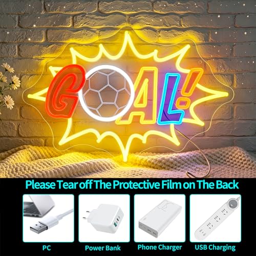Image of Soccer Neon Sign, JGHTURIE Goal Dimmable Neon Signs for Wall Decor, Football Led Light up Led Sign for Boys, Fans Sports Themed, Game Room, Bar, Party & Man Cave Decor - USB Powered