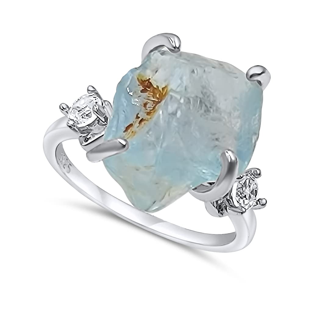 Real Raw Crystal Ring Birthstone sterling silver White Gold statement Jewelry gift for her Christmas Mothers Day Birthday Valentine Statement Ring Gift Uniquelan Jewelry (blue-topaz, 6)