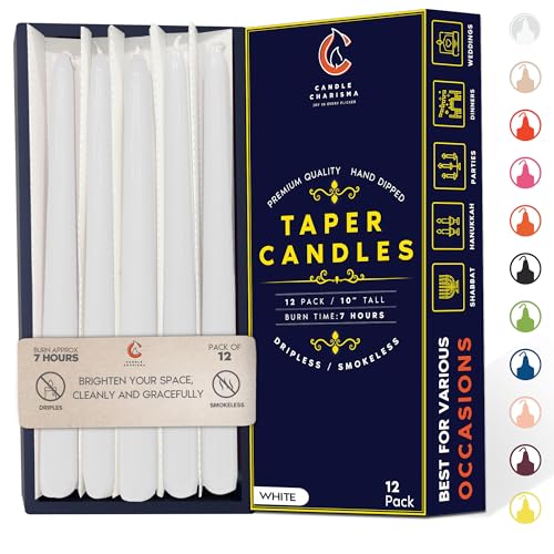 Bright White 10 Inch Taper Candles - Pack of 12 Premium Unscented, Dripless & Smokeless Hand-Dipped Candles for Birthday, Wedding or Dinner Decorations and Formal Candlelighting