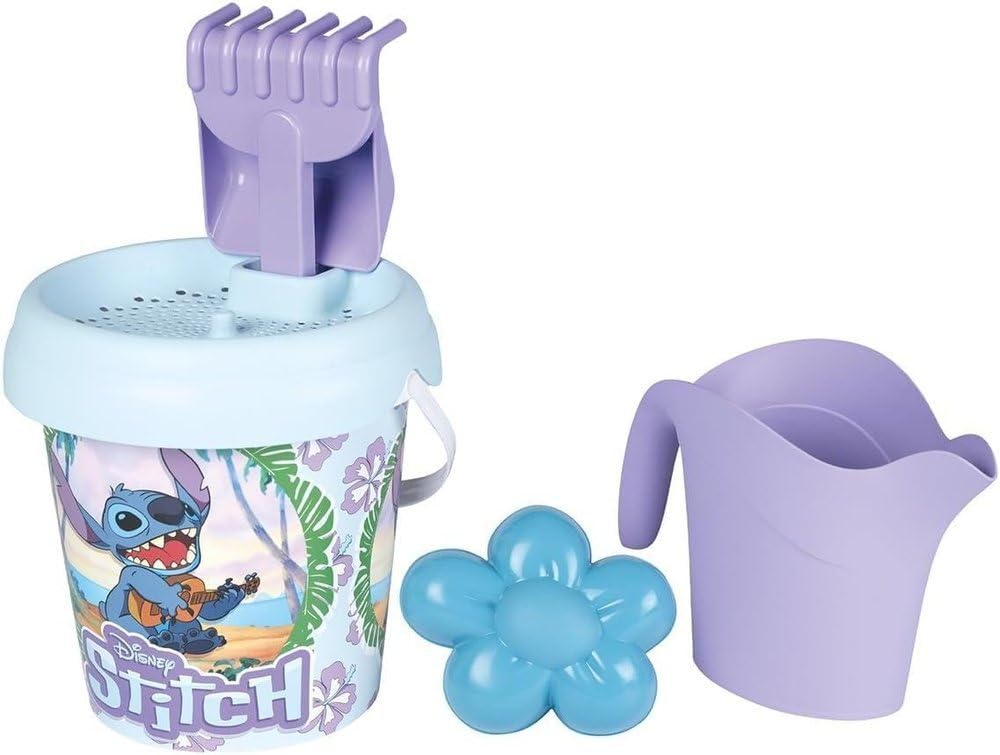 Smoby - Stitch - Bucket with Watering Can - Sieve, Rake, Shovel, Watering Can Sand Mould - From 18 Months - Made in France