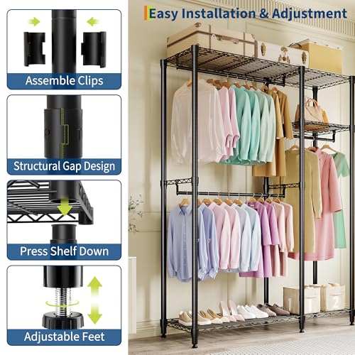 MilleLoom Heavy Duty Clothes Rack, 3-Tier Clothing Rack with Shelves, Freestanding Closet Organizer and Storage System for Bedroom & Laundry RoomBlack thumbnail 4