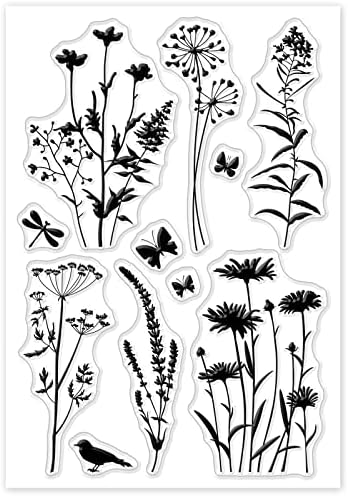 GLOBLELAND Plant Silhouette Clear Stamps Daisy Lavender Butterfly Silicone Clear Stamp Seals for Cards Making DIY Scrapbooking Photo Journal Album Decoration