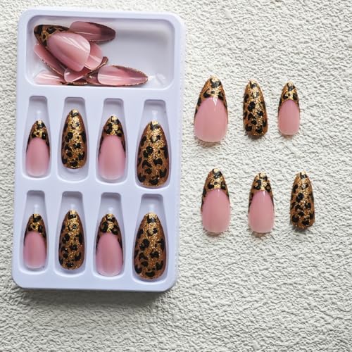 Image of Leopard Press on Nails Gold Glitter Fake Nails Medium Almond False Nail with Design Nude Glue on Nails Artificial Acrylic Full Cover French Tip Stick on Nail for Women Nail Art Decoration 24Pcs